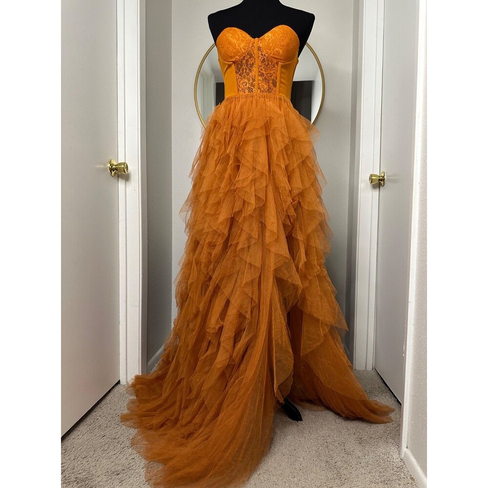 Faeriesty Strapless Bustier Maxi Dress Womens S Mustard Orange Tulle Ruffle Gown